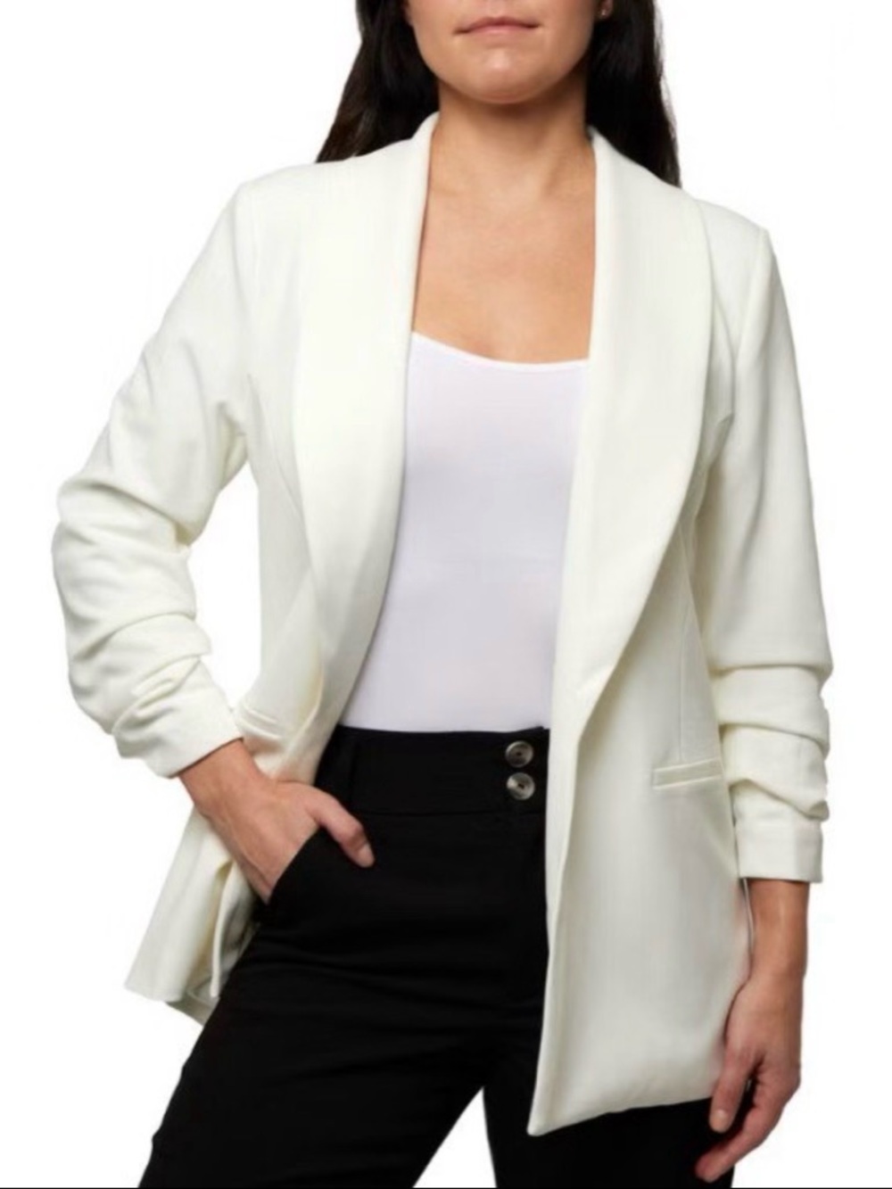 Women's White Open-Front Shawl Collar Blazer